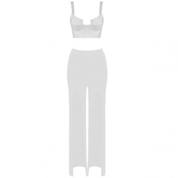 Summer New Fashion Sexy Chic 2 Two-Piece White Crop Top & Black Pants High Split Design Party Club Bandage Set